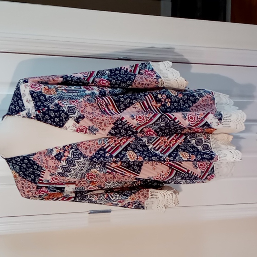 Wrangler Women's Open Cardigan Lace Trim Patchwork Print Size XXL Navy/Cream